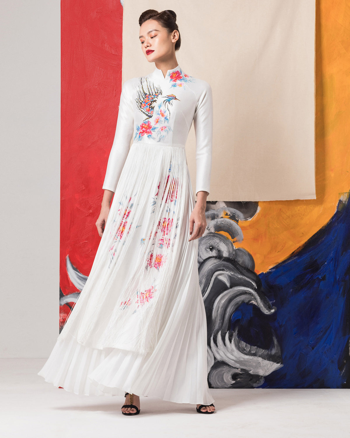 Phoenix-painted Raglan Sleeve White Contemporary Ao Dai