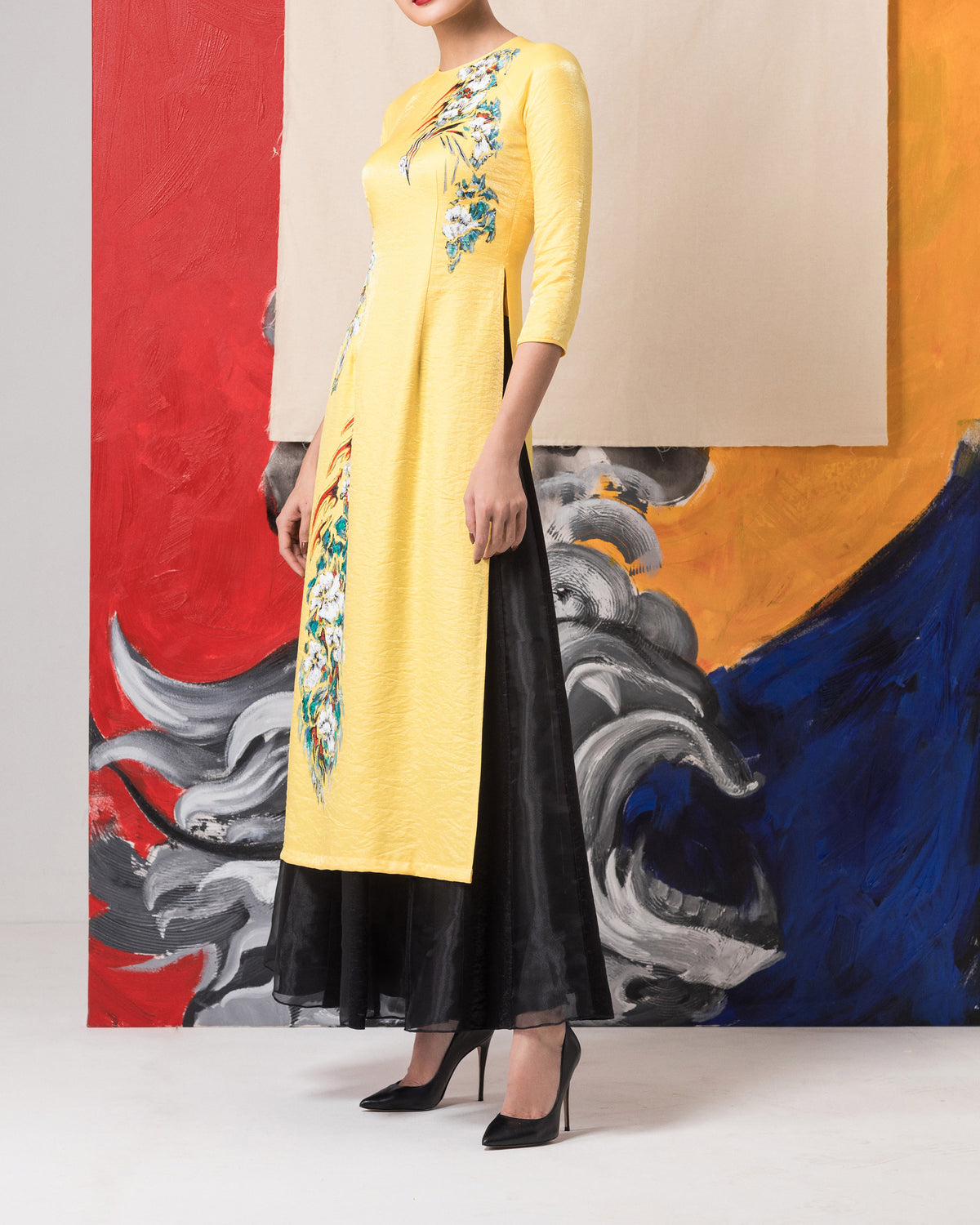 Floral-painted Raglan Sleeve Yellow Contemporary Ao Dai
