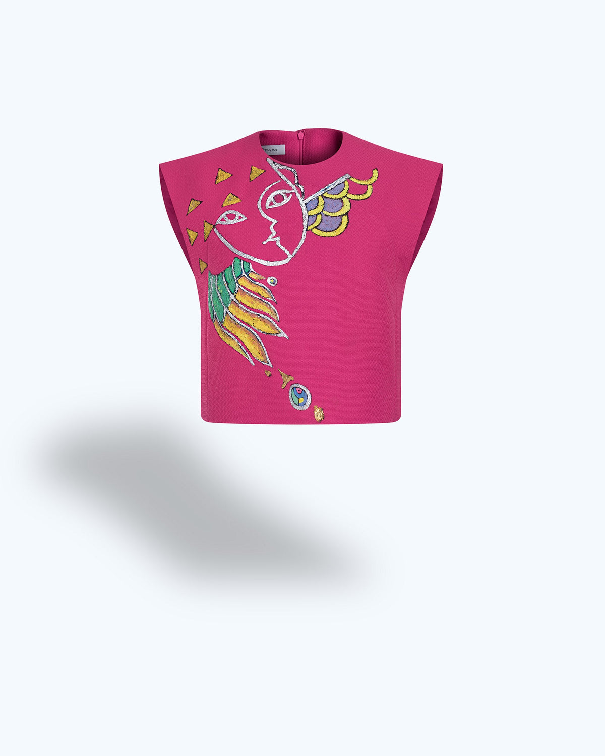 TinyInk-Prefall17-pink-hand-painted-phoenix-surrealism-sleeveless-top