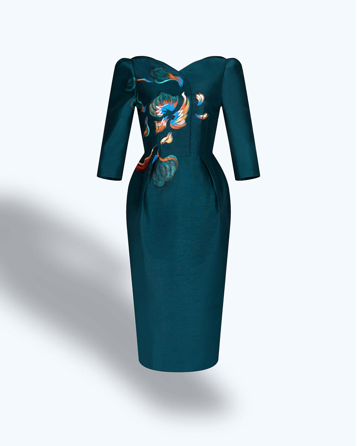 TinyInk-Prussian-blue-hand-painted-flower-midi-dress