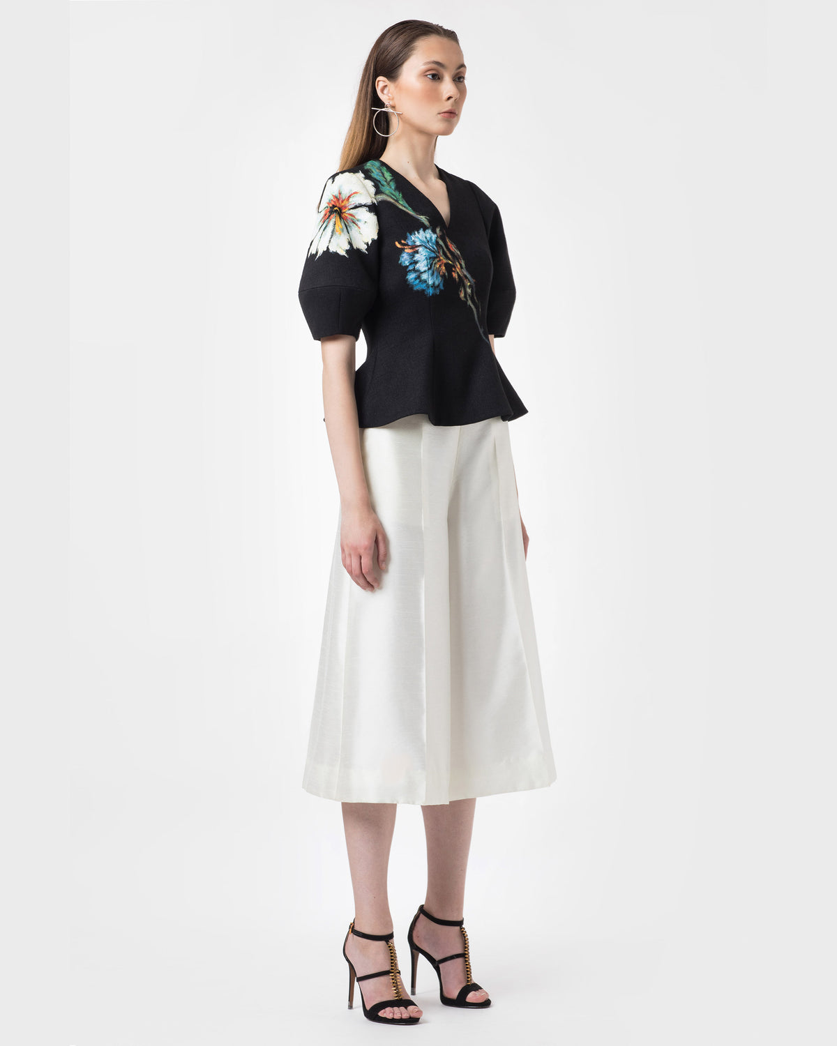 Hippeastrum-painted Lantern Sleeve Peplum Top