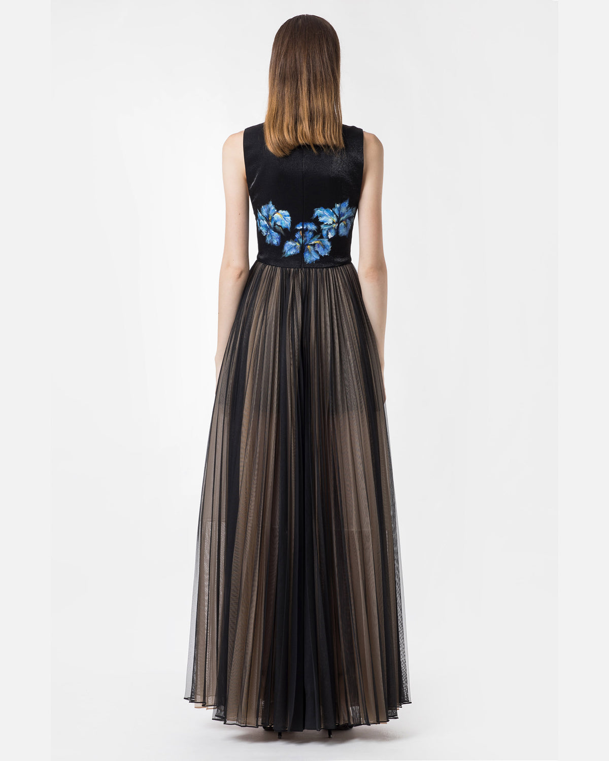 Iris-painted Sleeveless Black Gown Dress
