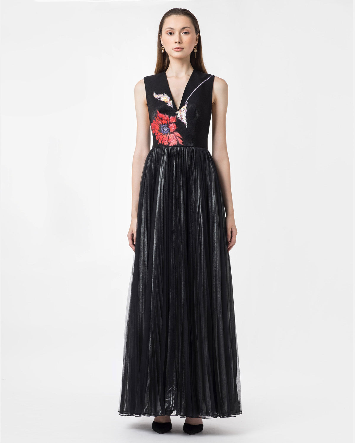 TinyInk-Resort19-black-hand-painted-poppy-pleated-gown
