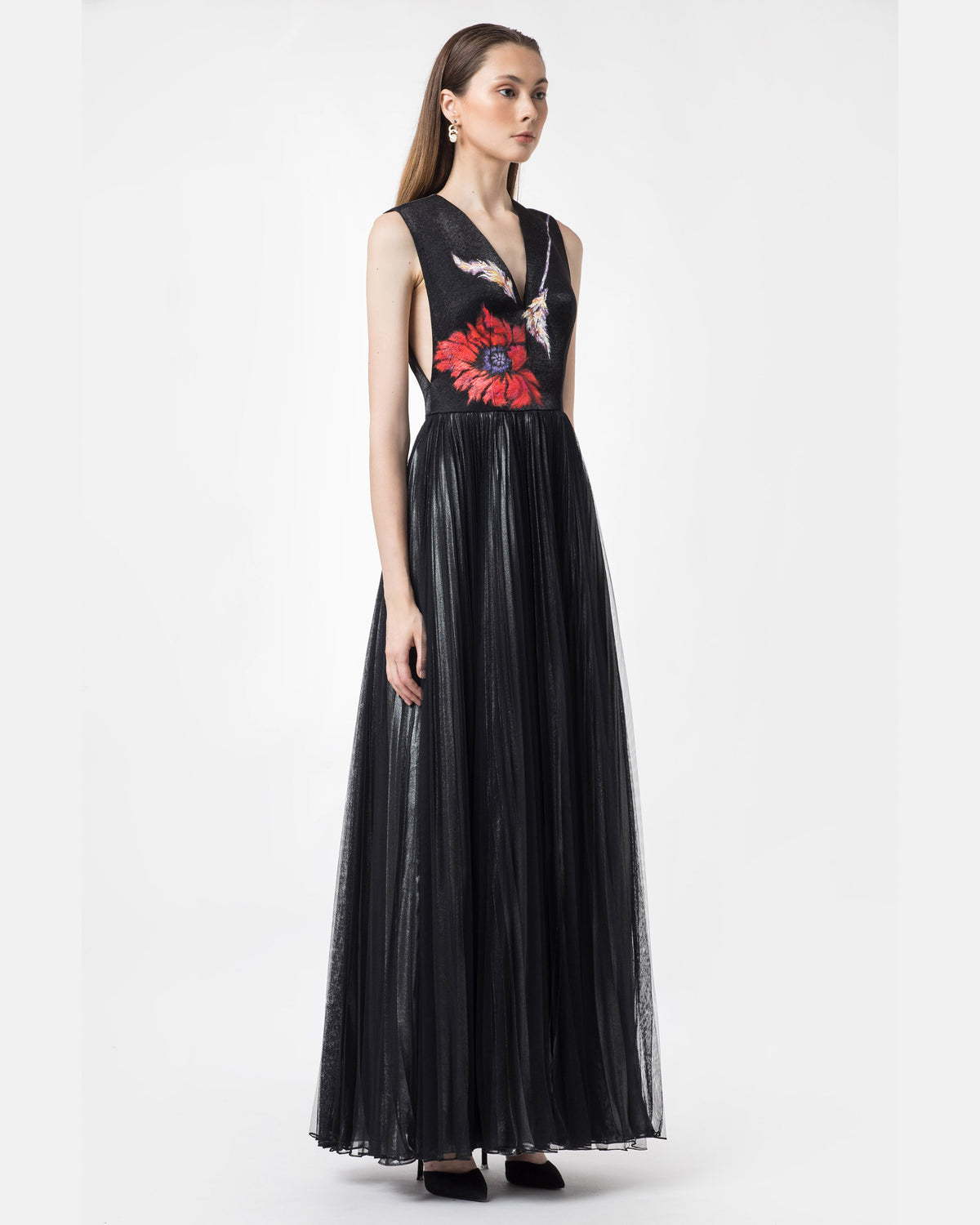 Poppy-painted Sleeveless Black  Gown Dress