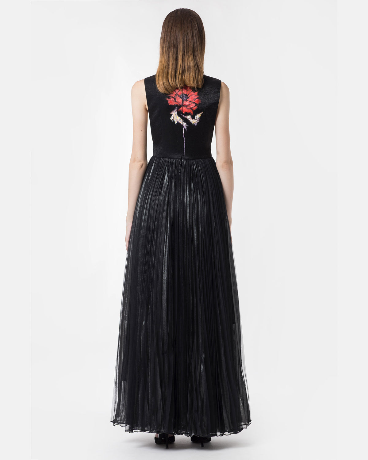 Poppy-painted Sleeveless Black  Gown Dress