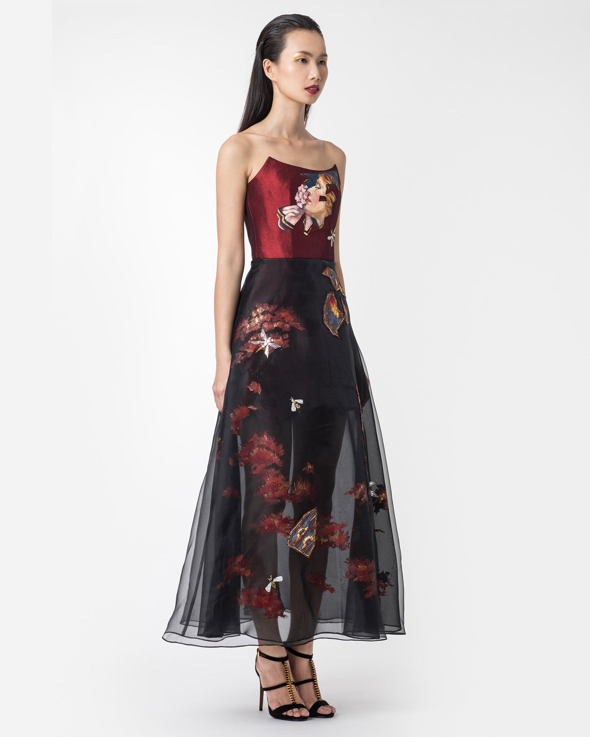 Rose Garden-painted Strapless Red Gown Dress