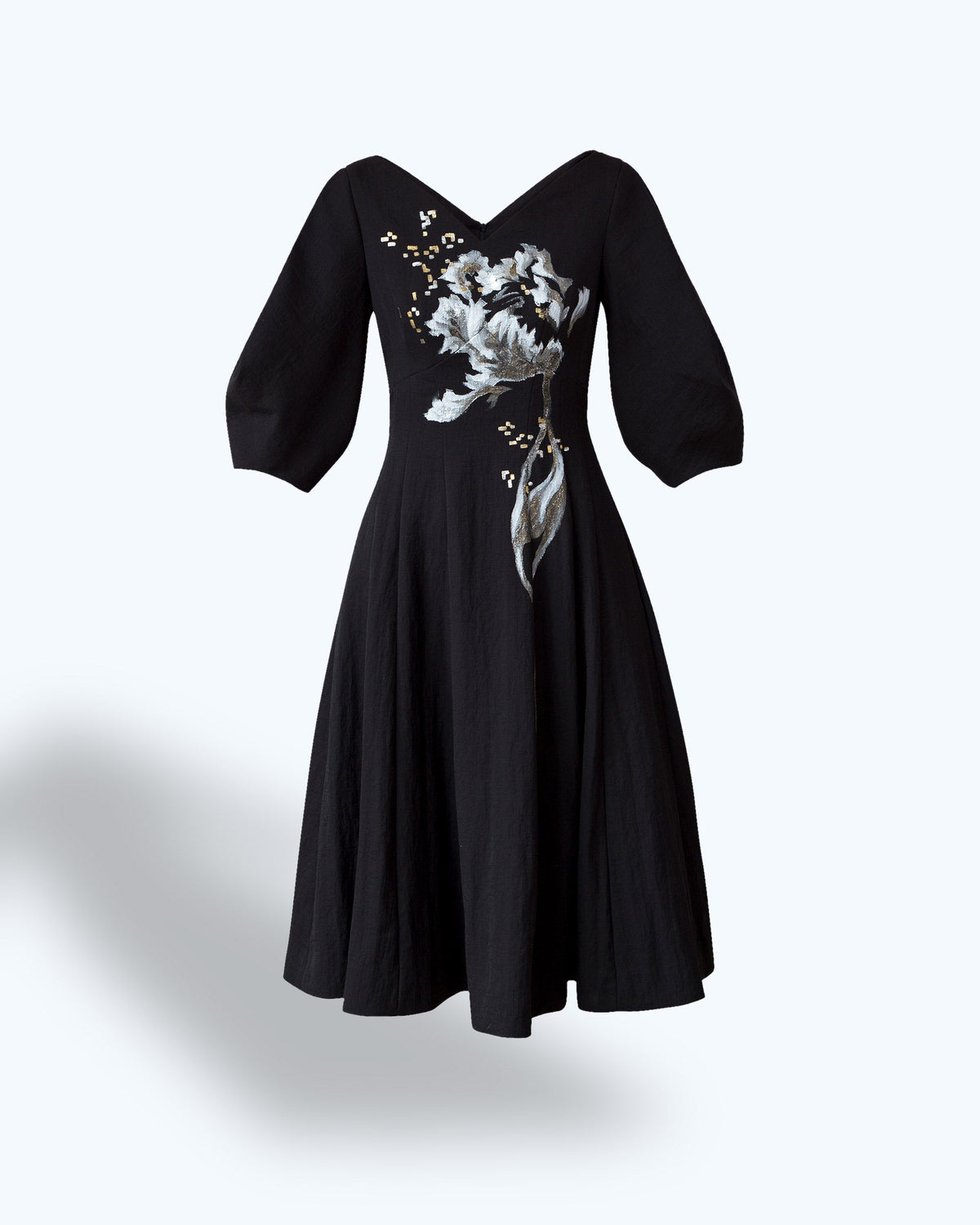 TinyInk-Spring-summer20-black-hand-painted-flower-surrealism-voluminous-sleeve-midi-dress