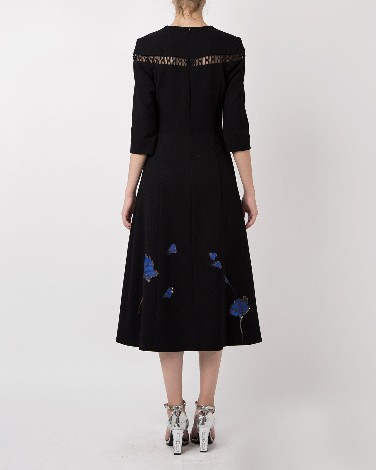 Phoenix in poppy-painted  mid-length Sleeve Black Skater Dress.