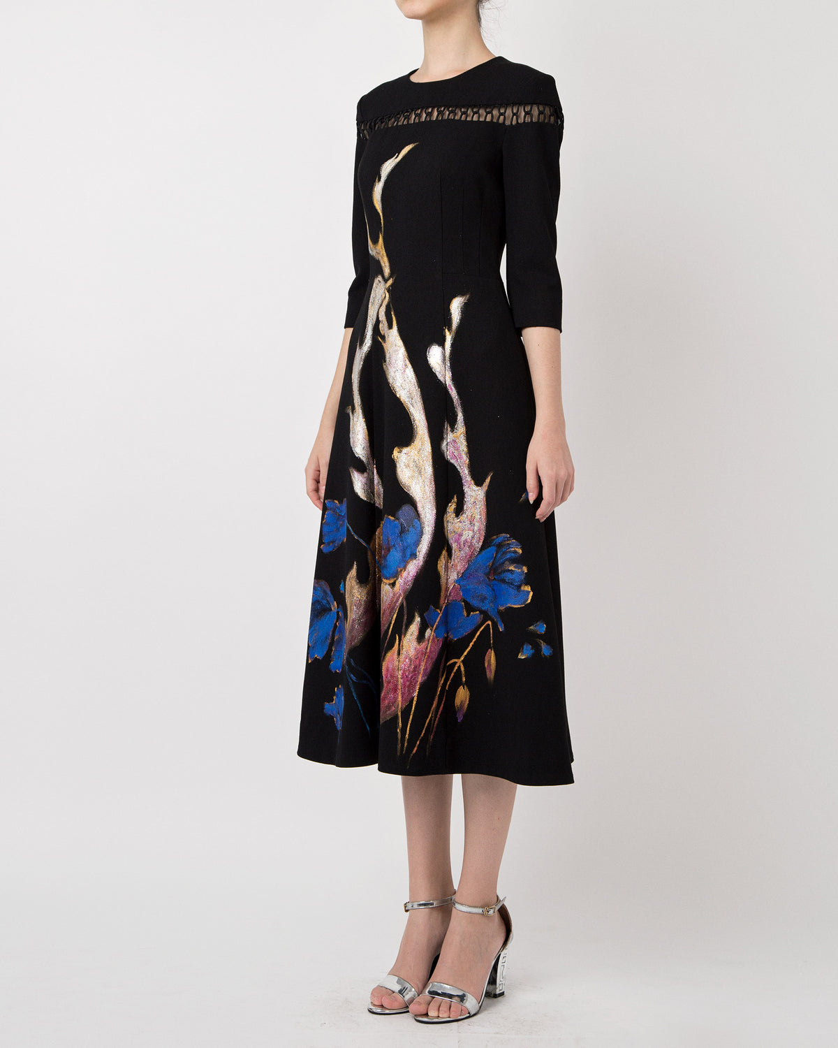 Phoenix in poppy-painted  mid-length Sleeve Black Skater Dress.