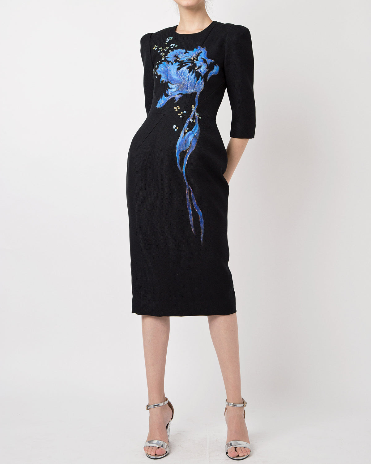 Wildflower-painted Tucked Sleeve Black Hopsack Midi Dress
