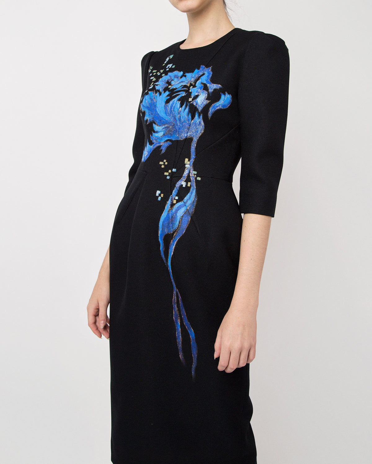 Wildflower-painted Tucked Sleeve Black Hopsack Midi Dress