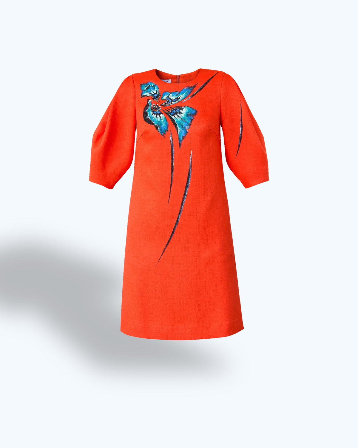 TinyInk-Spring-summer20-orange-hand-painted-poppy-voluminous-sleeve-mini-dress 