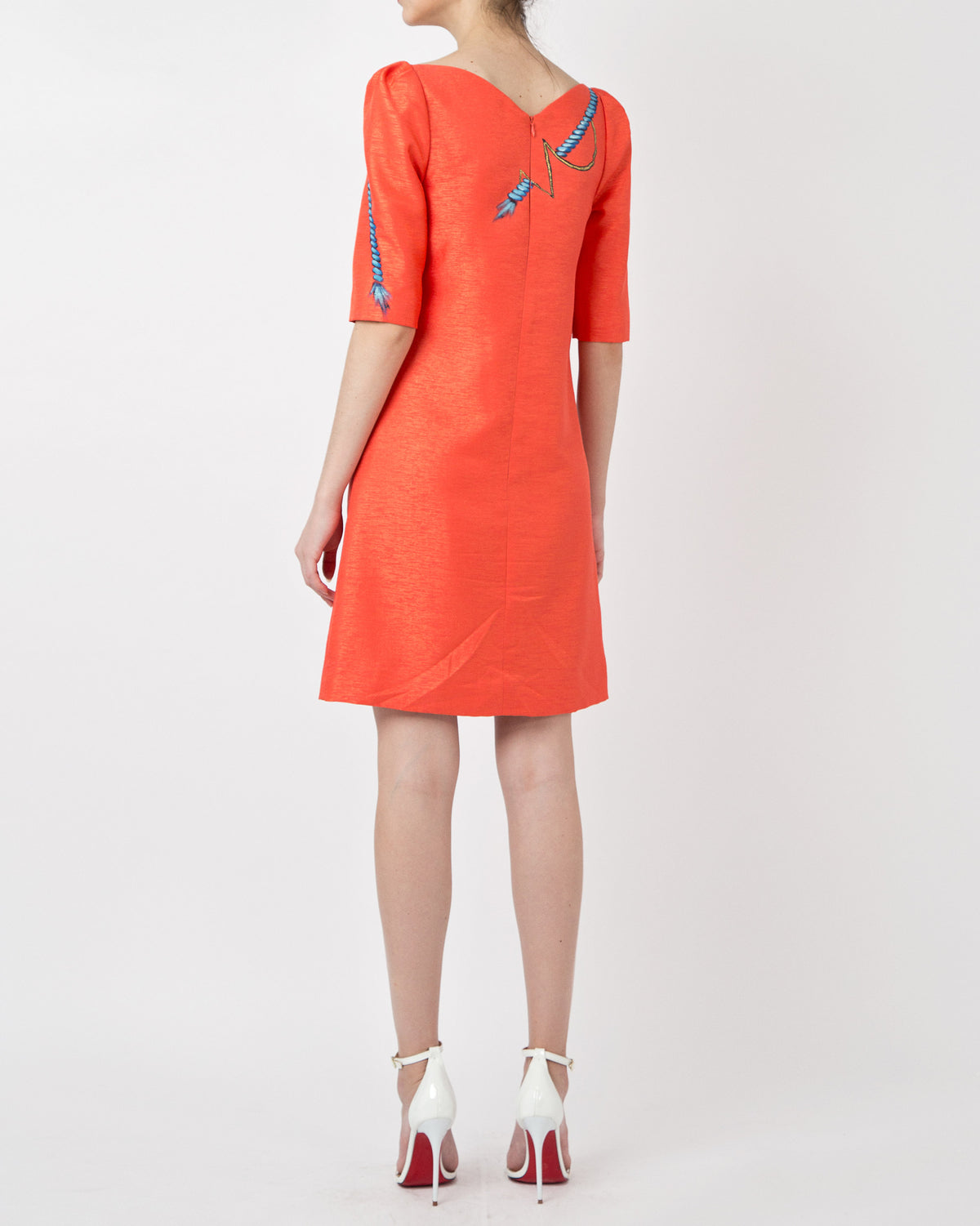 Ropes-Painted Tucked Sleeve Orange Taffeta Dress