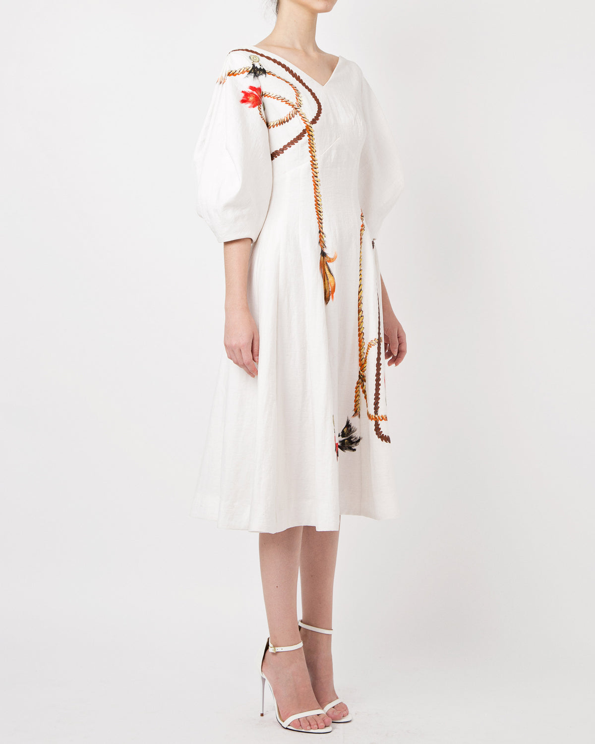 Wildflower-painted Voluminous Sleeve Midi Dress