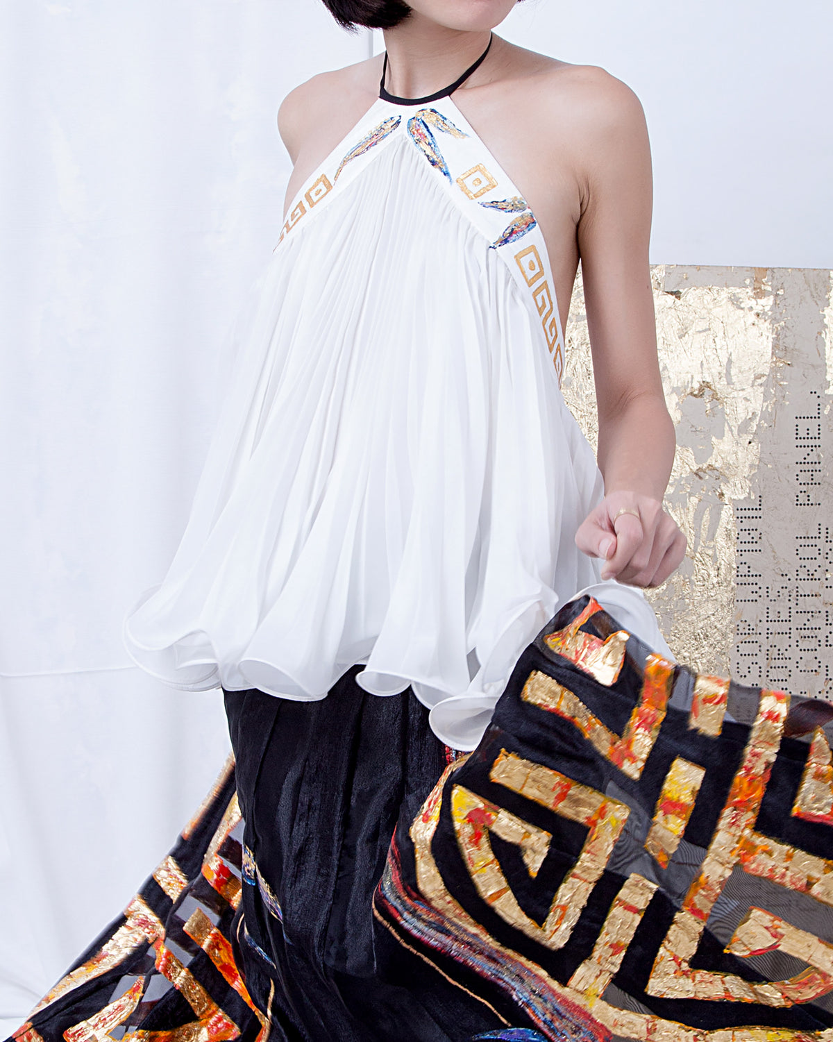 Asian Ornament-painted White Pleated Halter Top