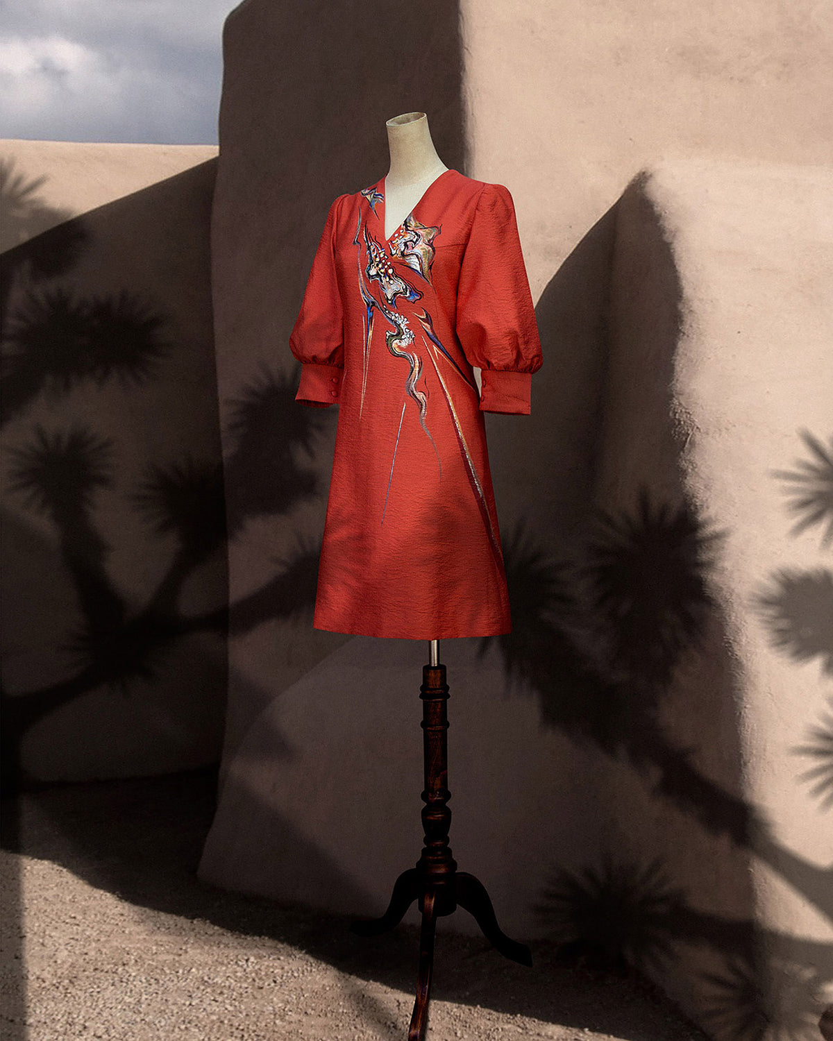 Cactus Flower-painted Puff Sleeve Mini Dress