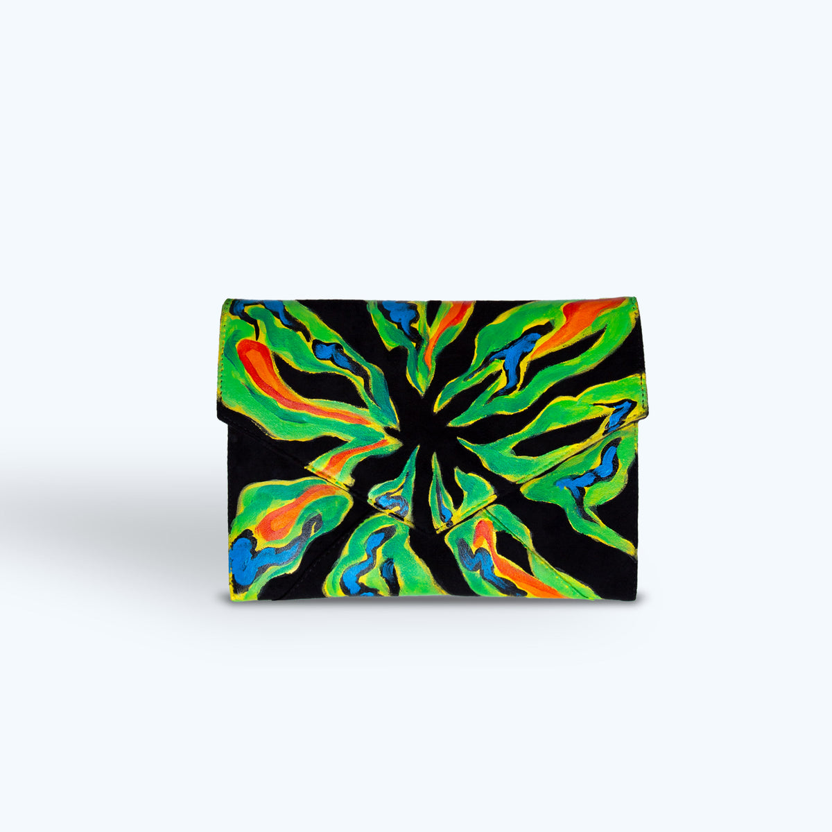 Abstract Neon flower-painted Black Envelope Clutch