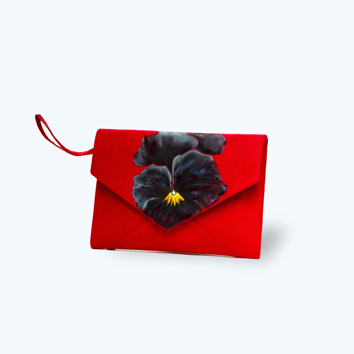 Black Pansies-painted Suede Leather Red Envelope Clutch