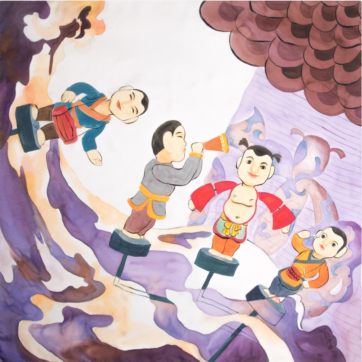 Marionnette sur l'eau vietnamienne peinte à la main 90 foulard en soie carré