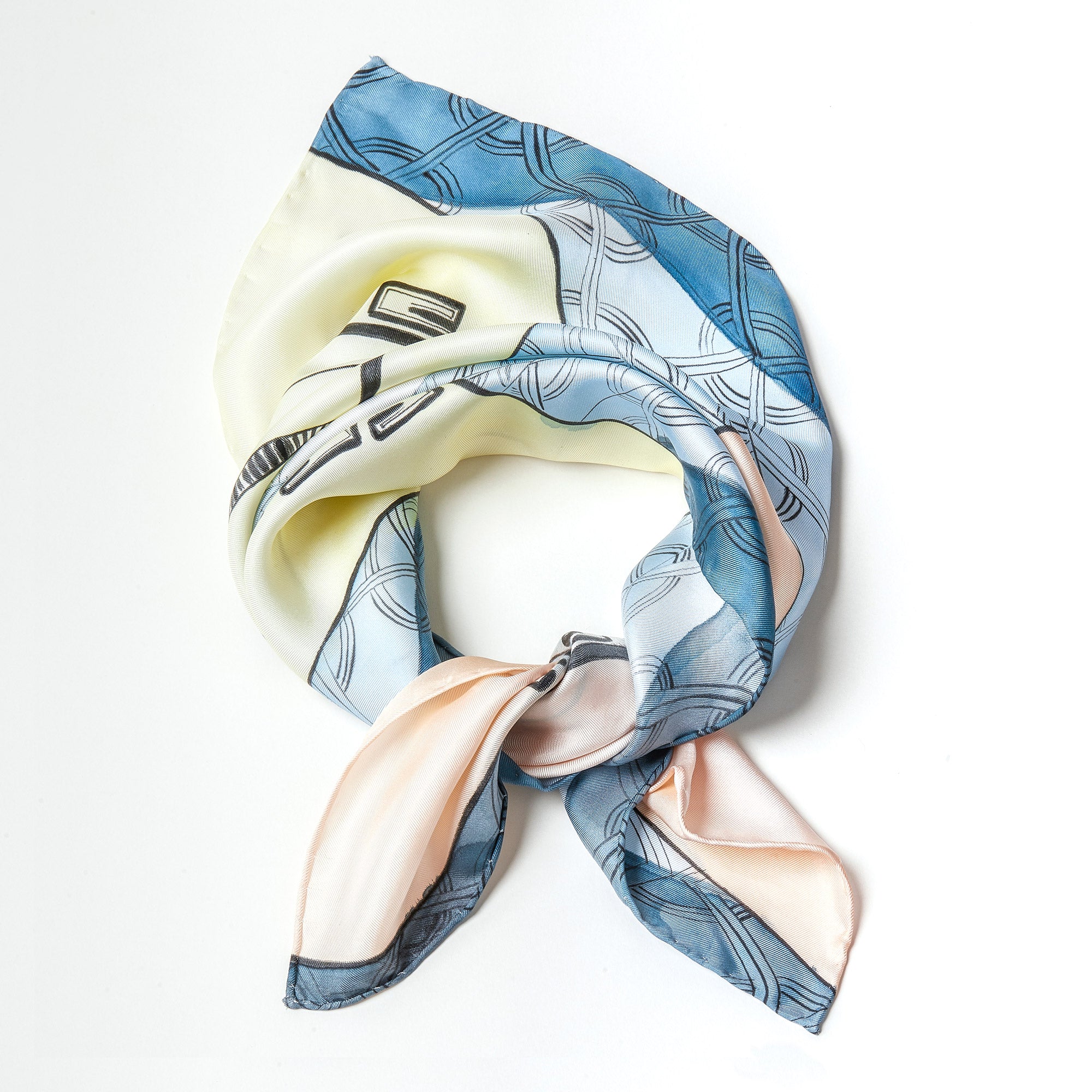 Hand-painted square silk scarf in elegant beige and newest blue