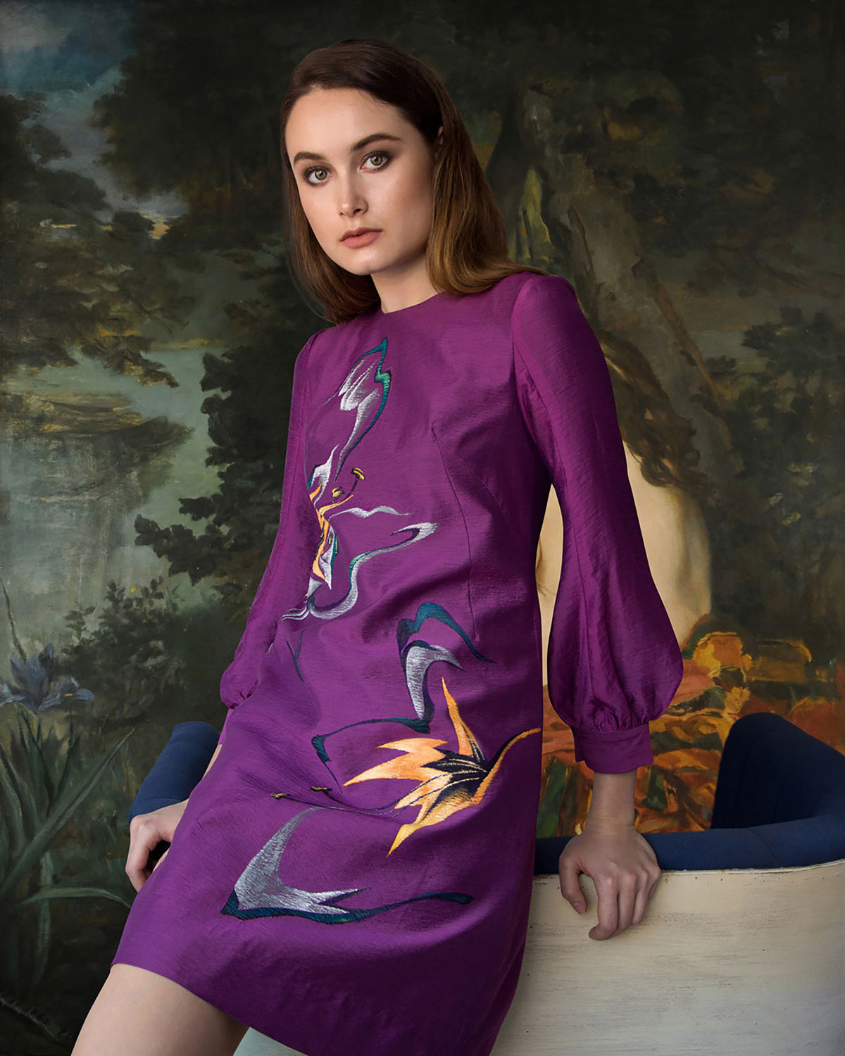 Amaryllis-painted Puff Sleeve Purple Mini Dress