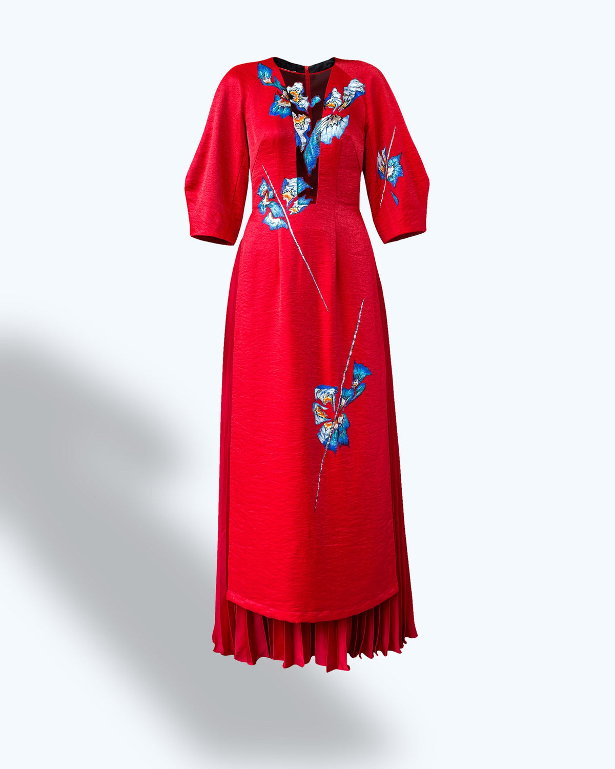 Tinyink-LN20-red-hand-painted-floral-voluminous-sleeve-contemporary-aodai
