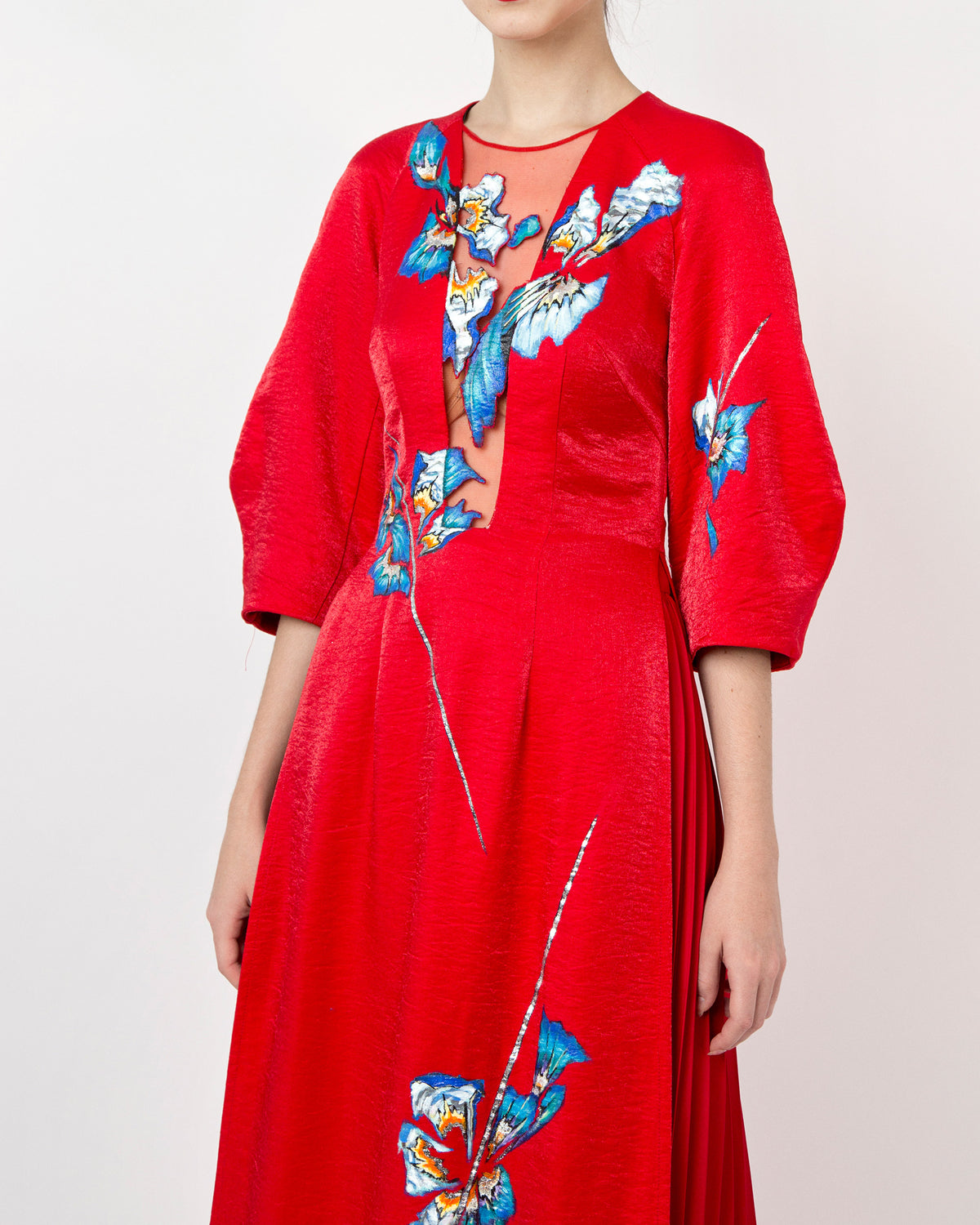 Orchid Tree Flower-painted Voluminous Sleeve Red Viscose Contemporary Ao Dai