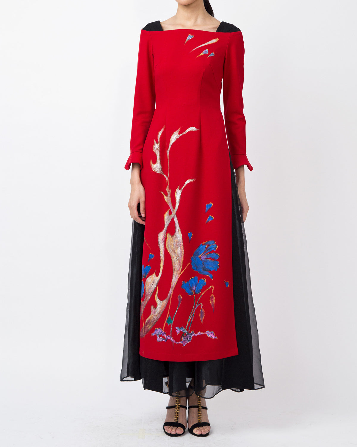 Phoenix in Poppy-painted Circular Cuffs Sleeve Red Contemporary Ao Dai