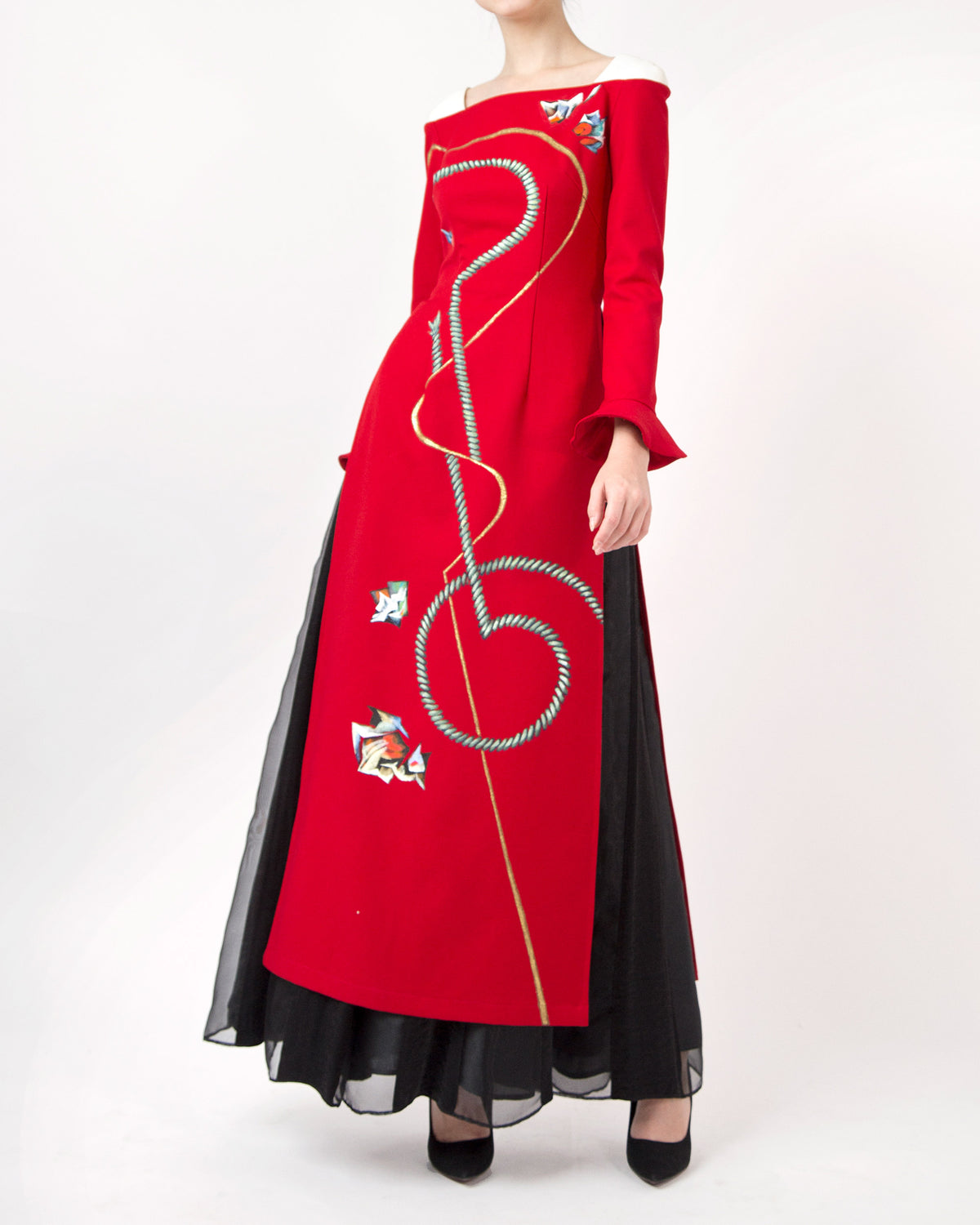 Ropes-painted Square Neck Red Contemporary Ao Dai